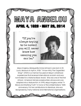 Preview of Maya Angelou (April 4) Author Women's Black History - Information/Coloring Sheet