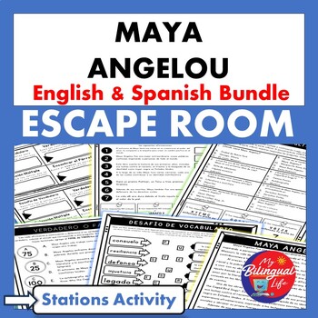 Preview of Maya Angelou Escape Room Bilingual English and Spanish Stations Activity Bundle
