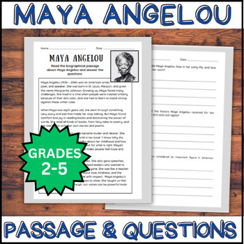 Preview of Maya Angelou Reading Comprehension Passage & Questions | Grades 2-5 | History