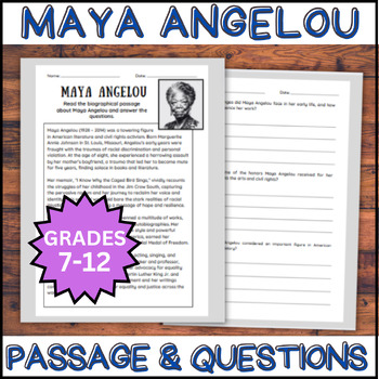 Preview of Maya Angelou Biography Reading Comprehension Passage & Questions | Grades 7-12