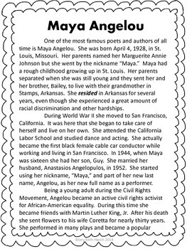 Maya Angelou Reading Comprehension passage by mrshatchsclass | TpT