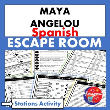 Preview of Maya Angelou Spanish Escape Room Stations Reading Comprehension Activity Español