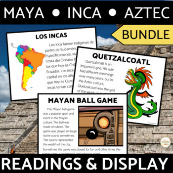 Preview of Maya Aztec Inca Reading Passages Activities Bulletin Boards in Spanish & English