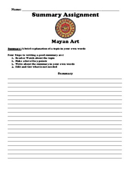 Preview of Mayan Art Summary Worksheet