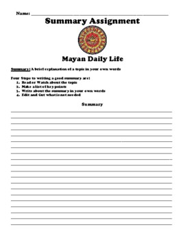 Preview of Mayan Daily Life Summary Worksheet