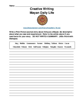 Preview of Mayan Daily Life Writing Online Assignment with Article Link (PDF)