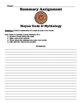 Preview of Mayan Gods & Mythology Summary Worksheet