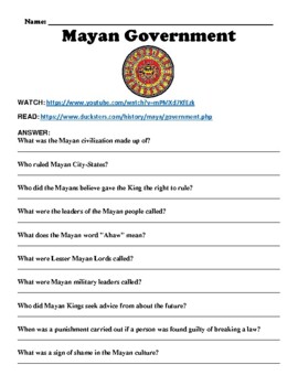 Preview of Mayan Government "Watch, Read & Answer" Classroom Assignment (PDF)