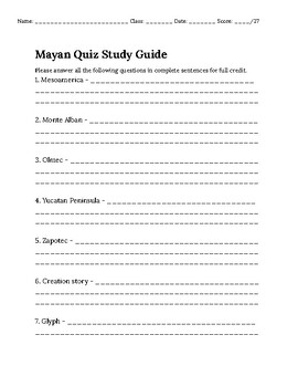 Preview of Mayan Quiz Study Guide