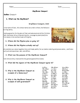 Mayflower Compact Adapted Worksheet With Answer Key By Social Studies Sheets