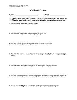 Preview of Mayflower Compact Article (Reading Level 2) Comprehension Worksheet