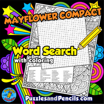 Preview of Mayflower Compact Word Search Puzzle with Coloring | US History Wordsearch