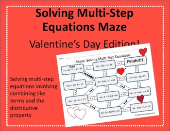 Preview of Maze: Solving Multi-Step Equations in one variable - Valentine's Day Themed