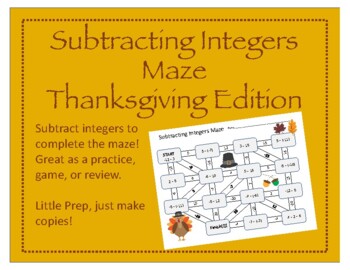 Preview of Maze: Subtracting Integers (Thanksgiving Edition)