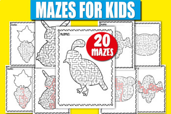 Preview of Mazes Puzzle Book for Kids with Solutions | Ant, Rabbit, Car, Fish, Bear, Apple