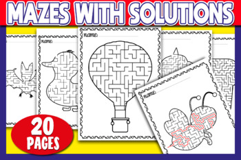 Preview of Mazes Puzzle Book for Kids with Solutions | Bee, Spider, Rocket, Duck, Cat, Bat