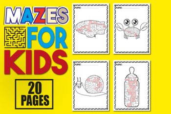 Preview of Mazes Puzzle Book for Kids with Solutions | Crab, Heart, Snail, Zeppelin, Vase