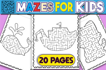 Preview of Mazes Puzzle Book for Kids with Solutions, Mouse, Airplane, Boat, Cat, Octopus