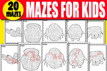 Preview of Mazes Puzzle Book for Kids with Solutions | Orange, Watermelon, Penguin, Ladybug