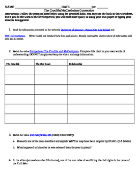 Preview of McCarthyism - The Crucible Connection Activity