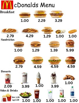 Preview of McDonald's Math Menu