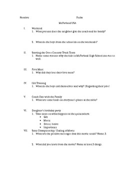 McFarland USA Pretest Worksheet by Whatley Spanish TPT