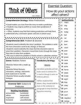 McGraw Hill Reading Wonders Unit 1 4th Grade Weekly Focus Sheets
