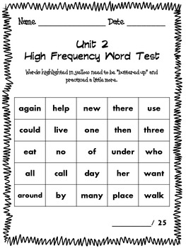 McGraw Hill Reading Wonders Unit High Frequency Word Tests 1st Grade