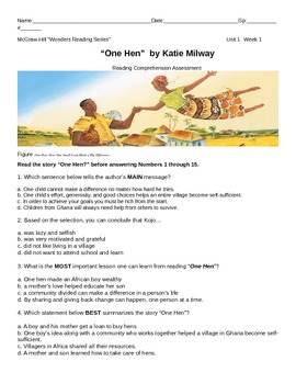 Preview of McGraw-Hill Wonders Reading-Unit 1-Wk1 "One hen" Standardized Assessment