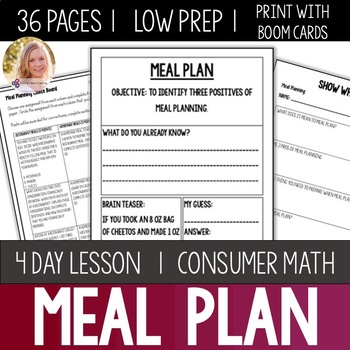 Preview of Meal Planning Lesson Unit Consumer Math Life Skills Special Education