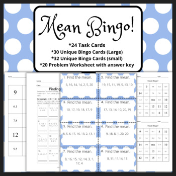 Preview of Mean Bingo! Task Cards, Large and Small Bingo cards, Worksheet included!