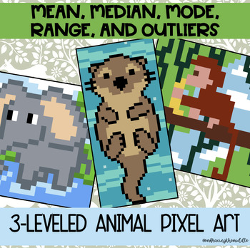 Preview of Mean, Median, Mode, Range 3-Leveled Animals Pixel Art for Middle School Math