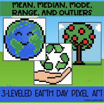 Preview of Mean, Median, Mode, Range 3-Leveled Earth Day Pixel Art for 7th Grade Math Class