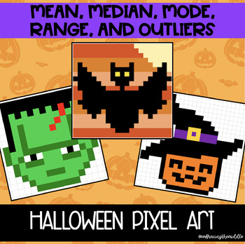 Preview of Mean, Median, Mode, Range 3-Leveled Halloween Pixel Art for Middle School Math
