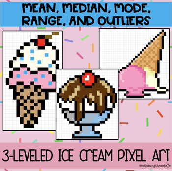 Preview of Mean, Median, Mode, Range 3-Leveled Ice Cream Pixel Art for Middle Schoolers