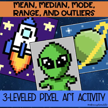 Preview of Mean, Median, Mode, Range 3-Leveled Space Pixel Art for Middle Schoolers | Math