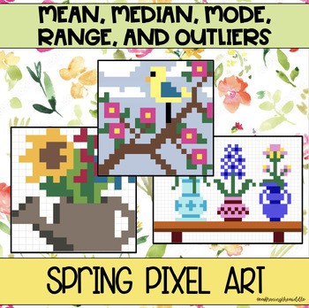 Preview of Mean, Median, Mode, Range 3-Leveled Spring Pixel Art for Middle School Math