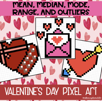 Preview of Mean, Median, Mode, Range 3-Leveled Valentine's Day Pixel Art | 7th Grade
