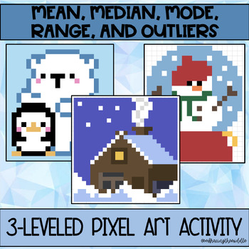 Preview of Mean, Median, Mode, Range 3-Leveled Winter Pixel Art for Middle Schoolers