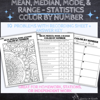 Preview of Mean Median Mode Range Color by Number Activity,Statistics Independent Worksheet
