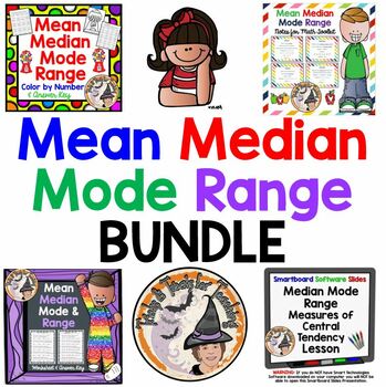 Preview of Mean Median Mode Range Color by Number Worksheets Notes Smartboard BUNDLE