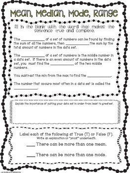 mean median mode range free quiz and answer key tpt