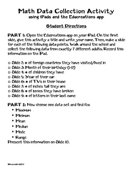 Preview of Mean Median Mode Range Math Data Collection Activity using iPads & Educreations