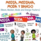 Mean, Median, Mode, Range Math posters in Spanish (Media, 