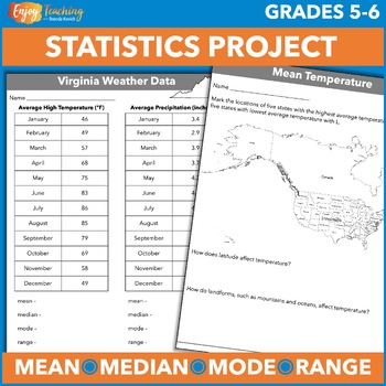 Preview of Mean, Median, Mode, Range Project – Activities and Worksheets – States Weather