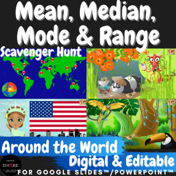 Preview of Mean, Median, Mode, Range Scavenger Hunt Around the World Escape Room Earth Day