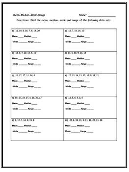 mean median mode range three worksheets w answer keys by worksheet central