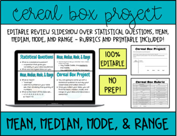 Preview of Mean, Median, Mode, and Range Cereal Box Project | Editable - Distance Learning