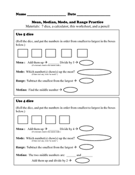 Preview of Mean, Median, Mode, and Range -  Dice Practice Activity