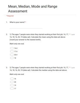 Preview of Mean, Median, Mode and Range Google Form Quiz